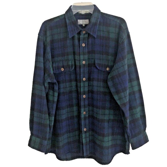 80s Black Watch Plaid Wool Button Up Shirt Mens Size L VTG Tartan Lord & Taylor - Picture 1 of 13